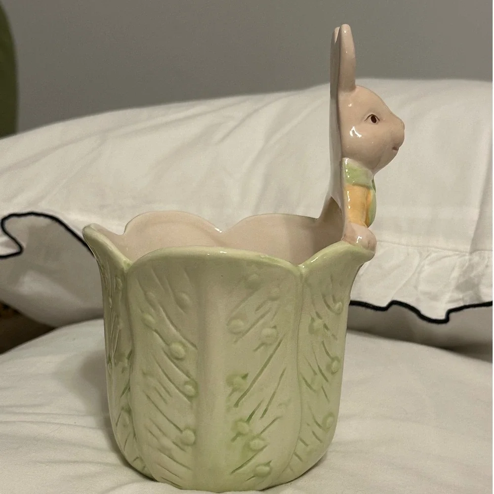 Bloomrite Bunny Rabbit Cabbage Planter Easter Decor Green White 6.5in 
 Glazed - Picture 4 of 9
